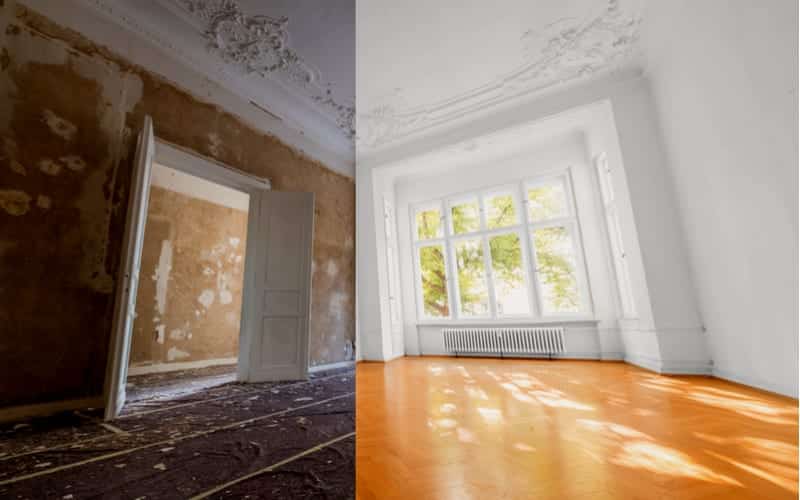 Innsiden av et bygg før og etter rehabilitering av snekker